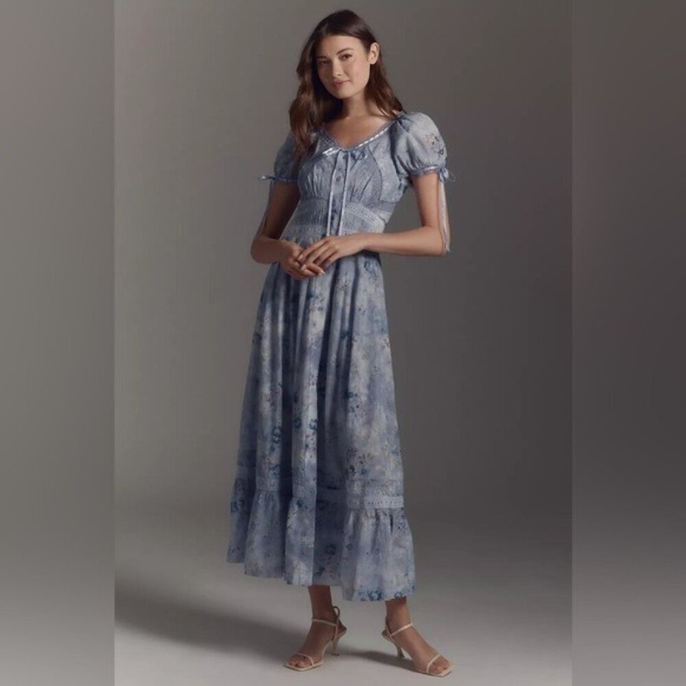 Anthropologie Blue Floral Puff-Sleeve Maxi Dress